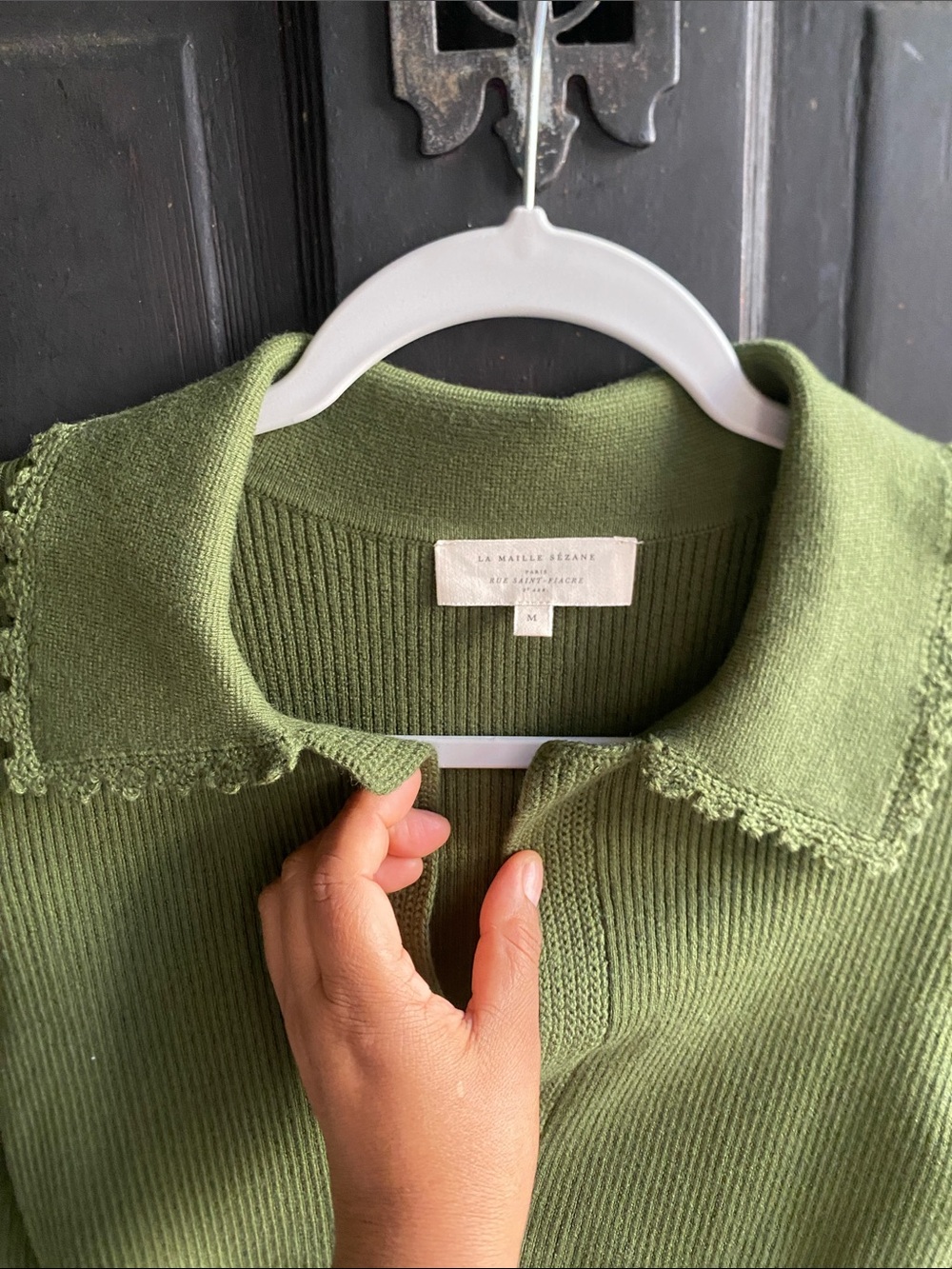 Sezane Olive Green Ribbed V-Neck Sweater with Notched Collar - Picture 5 of 10